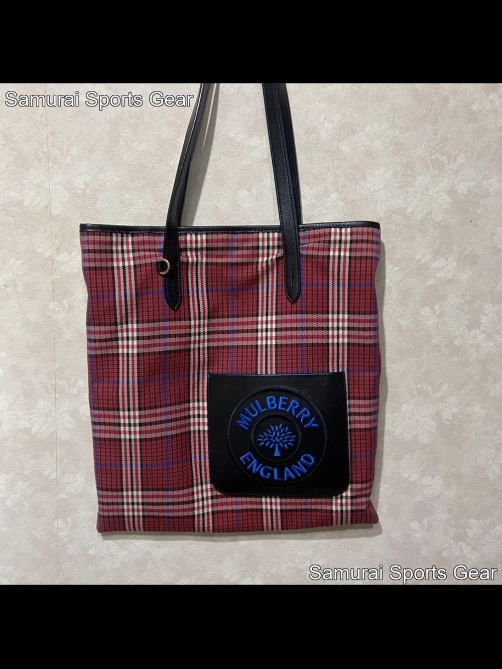 Mulberry Red Plaid Tote with Black Leather Patch and Straps